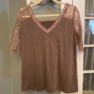 NWOT MD Tan Oversized See Through Lace Short Sleeve V Neck Shirt